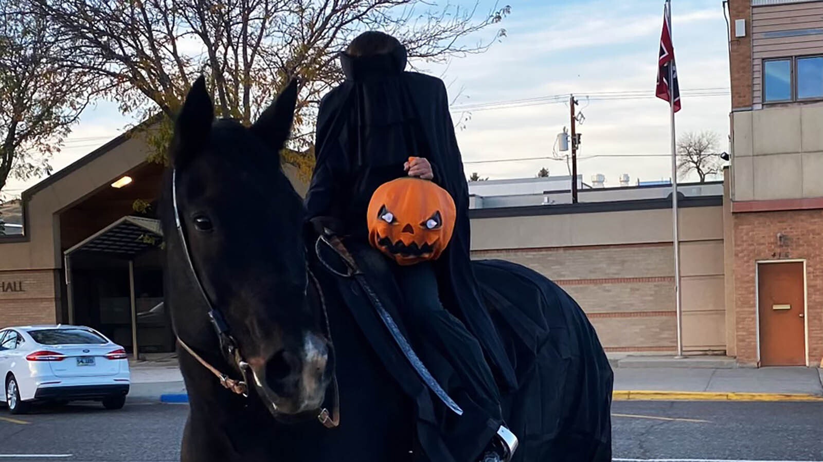 Young cowboy Levi Logan wanted his horse, Snip, to join him for Halloween trick or treating so the duo will be galloping from house to house as the Headless Horseman.