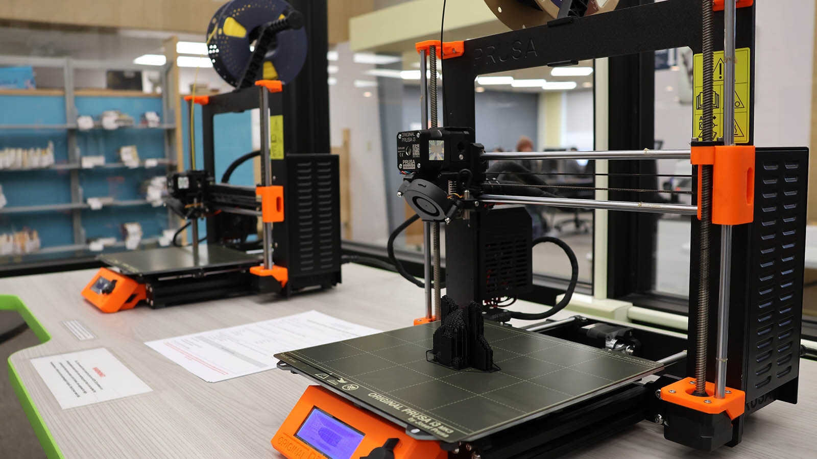 PRUSA 3D printers are available for Natrona County Library patrons to use to make things. Library staff offer instruction on the printers.