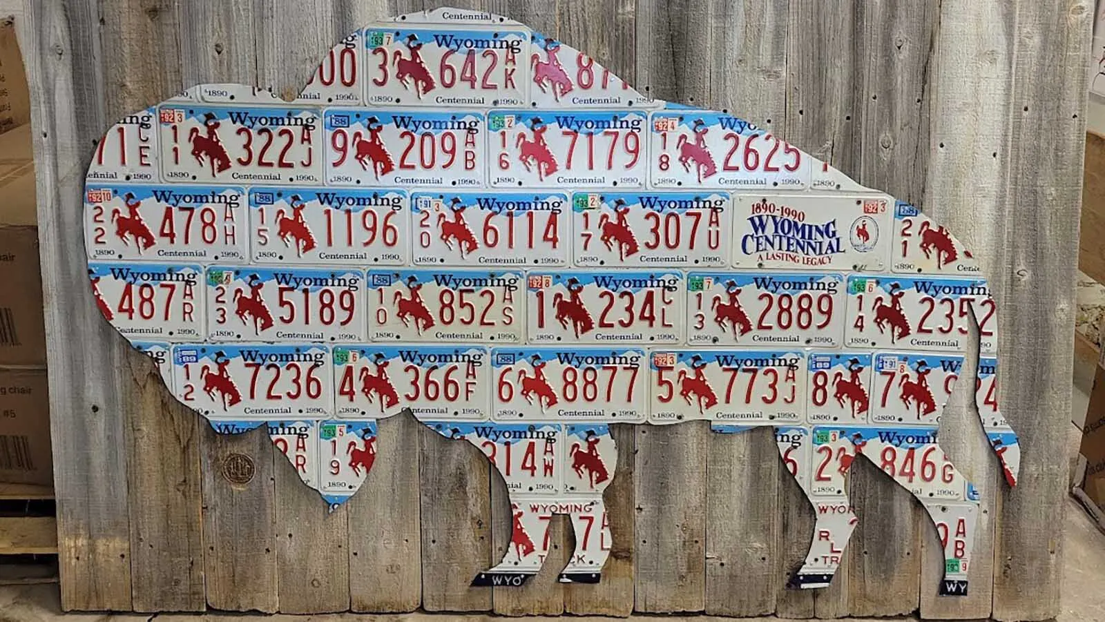 Rob Piotter's signature red, white and blue buffalo art piece, which he made out of Wyoming centennial license plates representing all 23 Wyoming counties, is for sale.