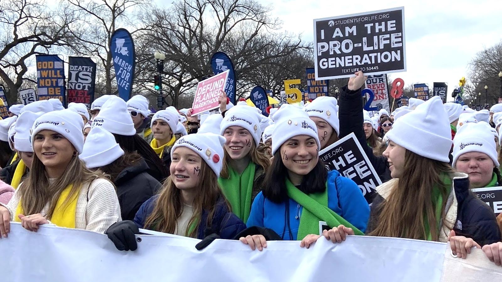 Students with St. Michael High School's Baton Rouge Youth Pilgrimage in Louisiana prepare for the annual National March for Life in Washington, D.C., on Friday, Jan. 24, 2025.