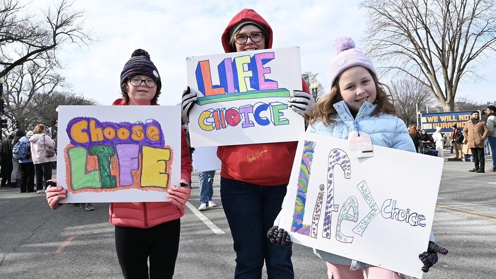 Fort Meade, Maryland residents Tabitha Yaffe and her daughters Hannah, 10 (left) and Rachel, 8, pose for a photo at the 2025 National March for Life in Washington, D.C., on Friday, Jan. 24, 2025.