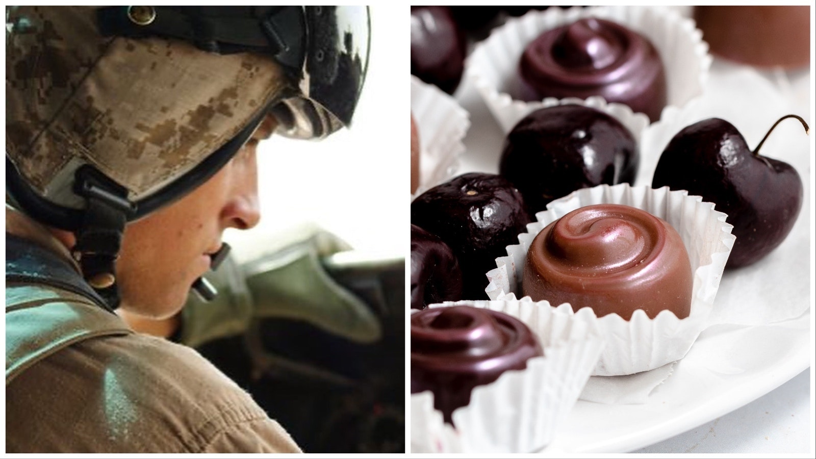 Brandon Busch pilots a helicopter during his decade in the U.S. Marine Corps, left, and some of the delicate confections he creates now at Lift Chocolates.