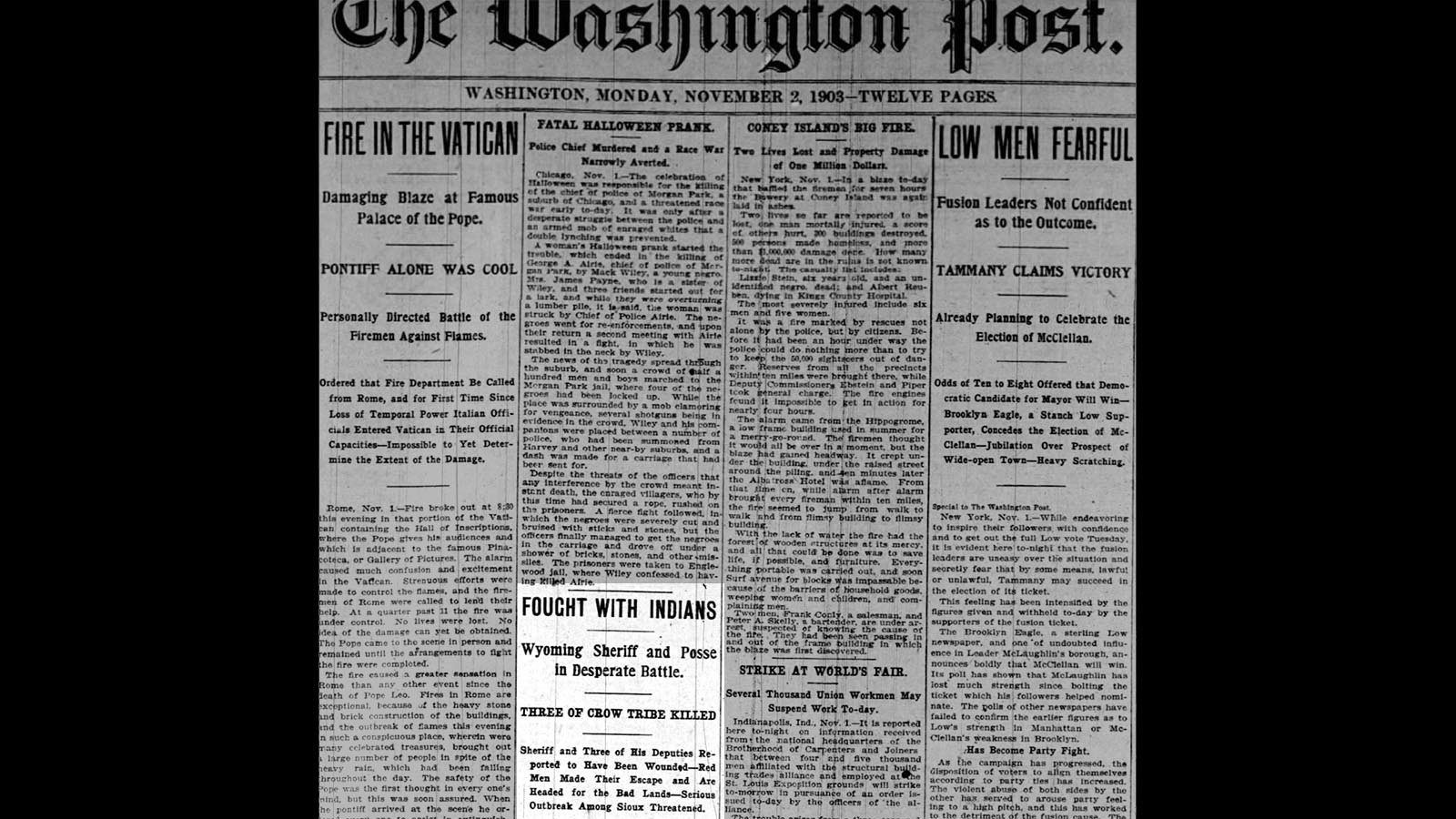 The Washington Post had a story on its front page on Nov. 2, 1903 about the Lighting Creek fight. The battle stirred Washington due to concerns about a new native uprising.