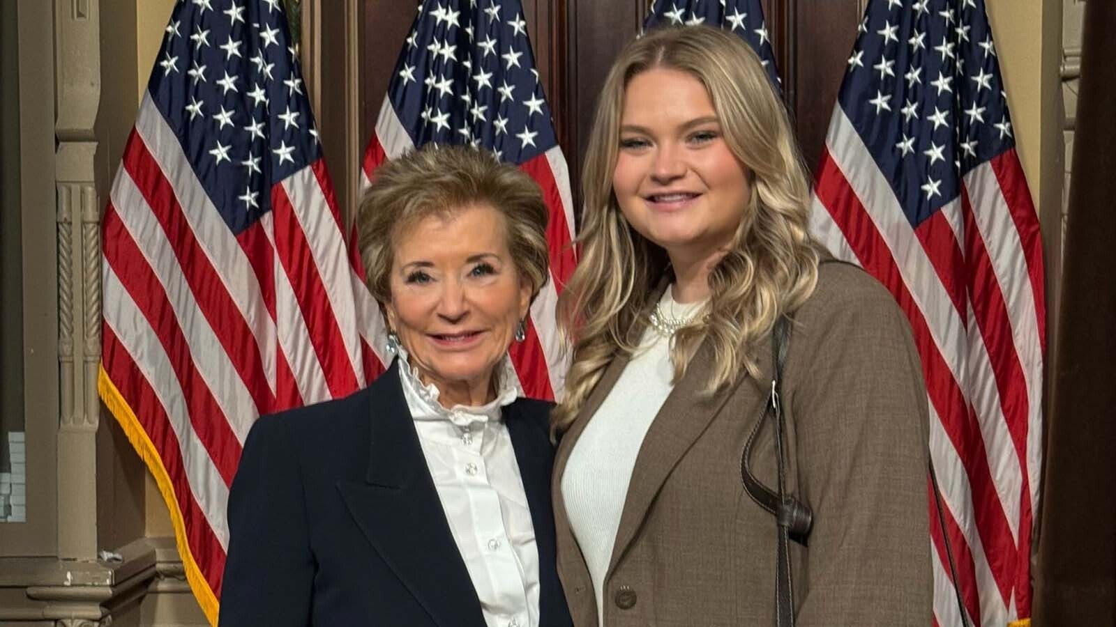 U.S. Secretary of Education Linda McMahon, left, and Allie Coghan.