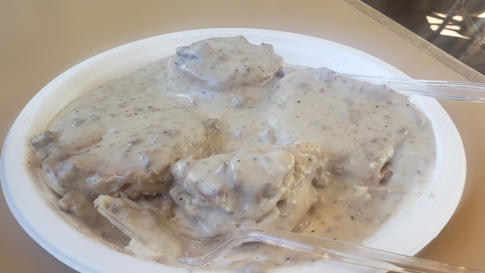 The travel center offers a hearty breakfast fluffy biscuits with sausage gravy.