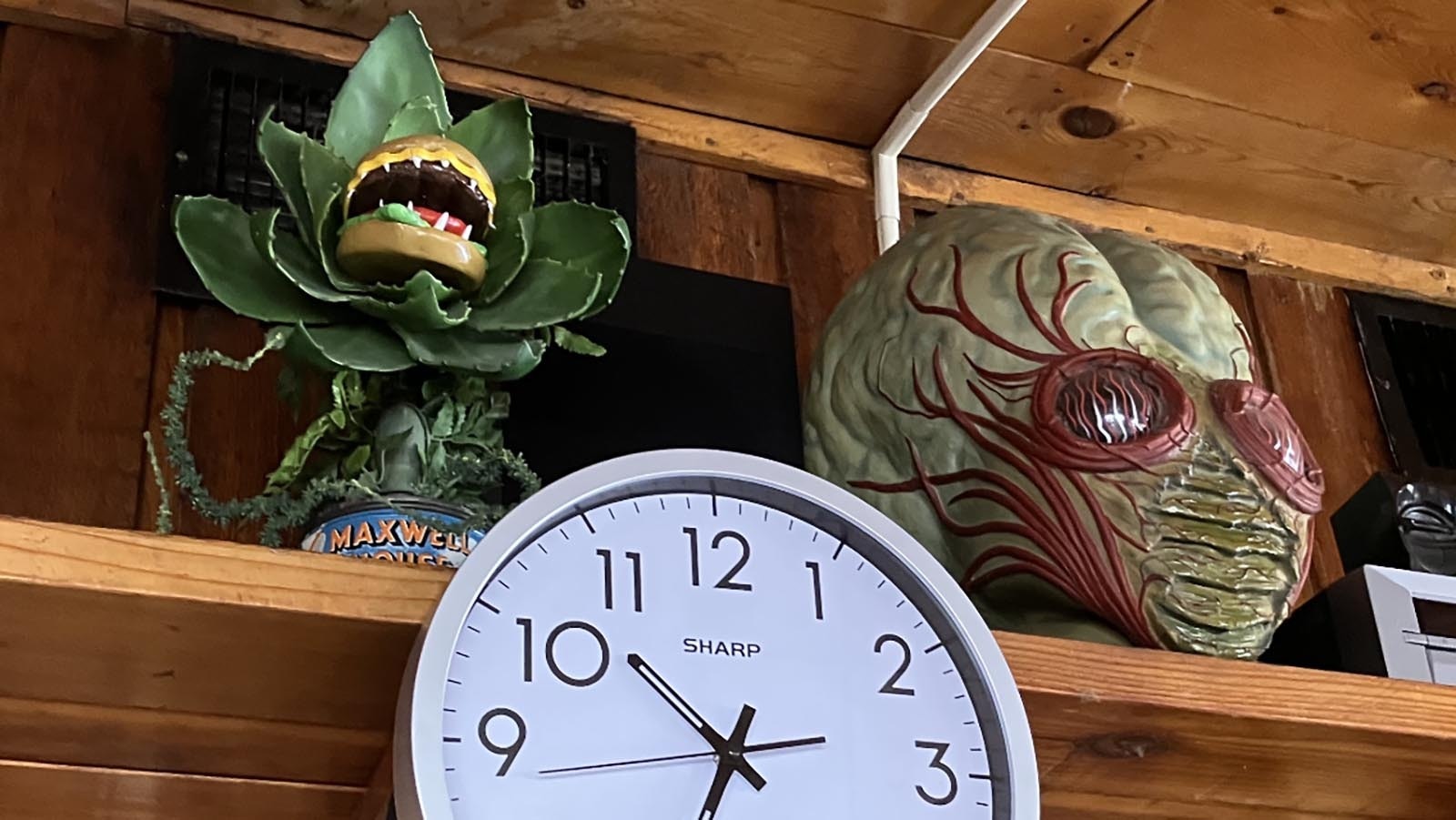 An artist who enjoys the restaurant made an “Audrey II” character from the “Little Shop of Horrors” movie for the restaurant. It has been named “Audrey III.” A customer also offered the restaurant an alien head, which the owners accepted, trading the customer for food.