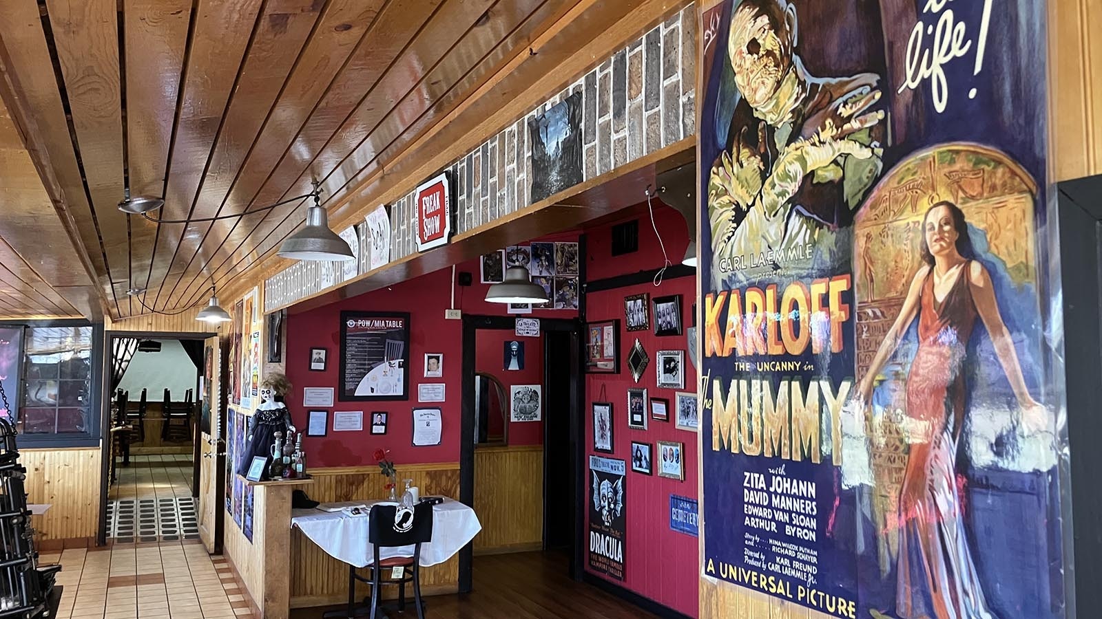 Several movie posters from horror-genre movies decorate the walls at Little Shop of Burgers, including one from this 1932 movie on the “Mummy” starring Boris Karloff.