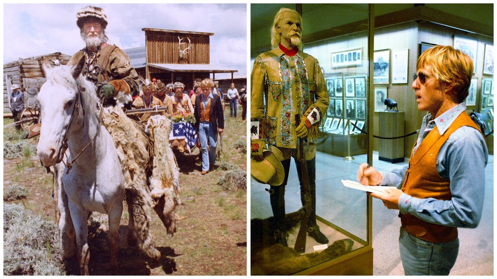 The funeral procession for John "Liver-Eating" Johnson for the 1974 reburial in Cody, Wyoming, at Old Trail Town. Right: Actor Robert Redford sketches some of the period clothing of the Old West at the Buffalo Bill Center of the West.