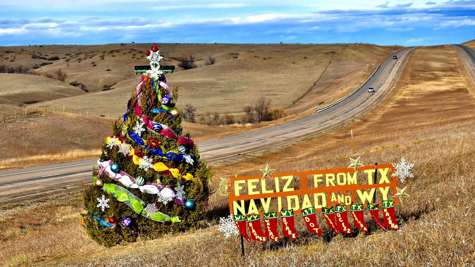 This lonely tree in the median of Interstate 90 between Sheridan, Wyoming, and Billings, Montana, on the Crow Reservation is the work of German Segura, a long-haul trucker from Texas who has stopped to decorate it for more than a dozen years.