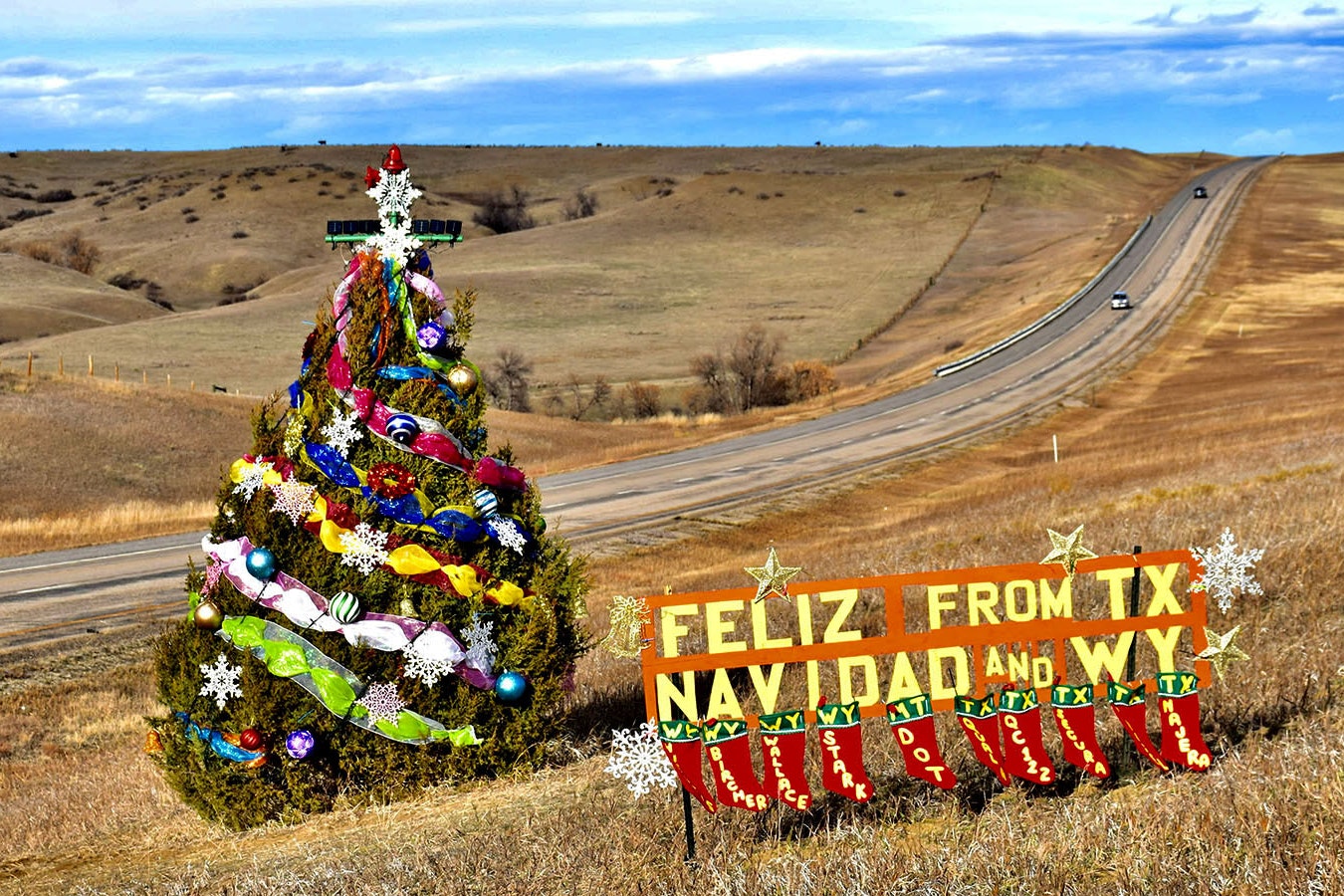 This lonely tree in the median of Interstate 90 between Sheridan, Wyoming, and Billings, Montana, on the Crow Reservation is the work of German Segura, a long-haul trucker from Texas who has stopped to decorate it for more than a dozen years.