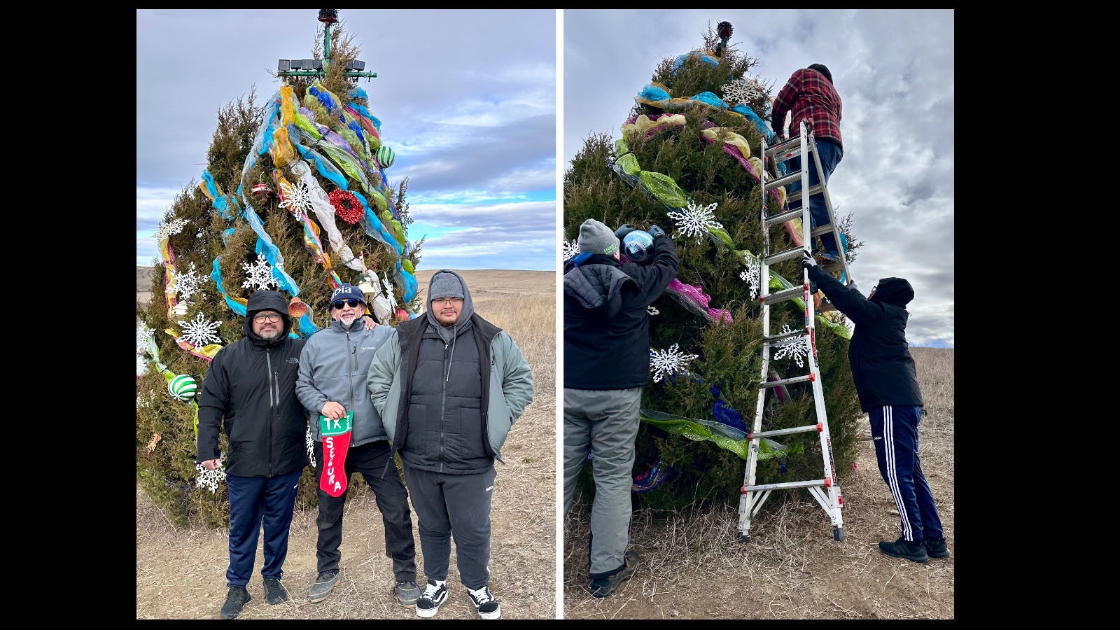 German Segura, center, and friends from Texas Juan Carlos Rangel and Juan Carlos Rangel Jr. decorate the festive tree along Sgura's long-haul trucking route from Texas to Calgary.