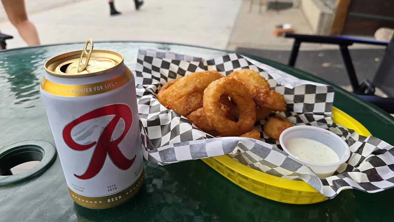 The official Longmire beer and some onion rings — the dinner of Longmire Days champions.