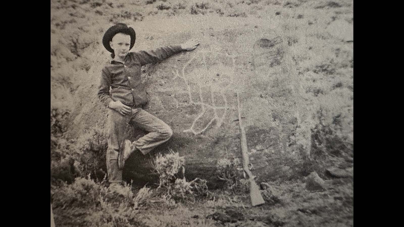 In December 1966, 9-year-old Robert Hendry, son of historian Mary Hendry, posed with the mysterious Boot Map. Some prospectors believe that this carving is a map to the Lost Cabin Gold Mine along the Badwater Creek in central Wyoming.