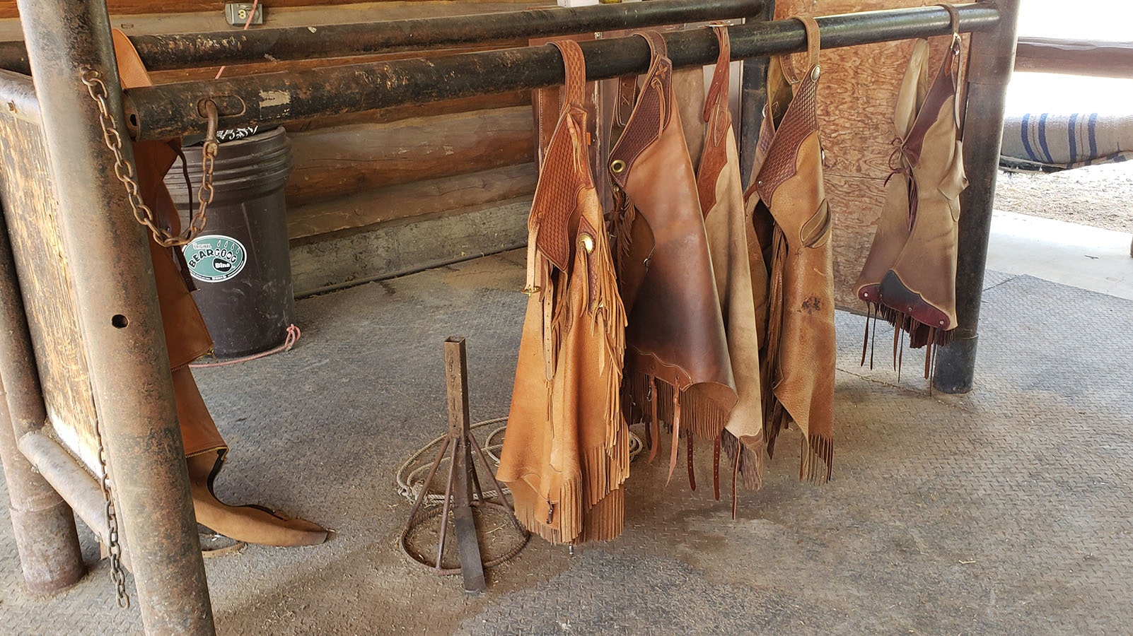 Chaps hanging to dry after a long day of hard work.