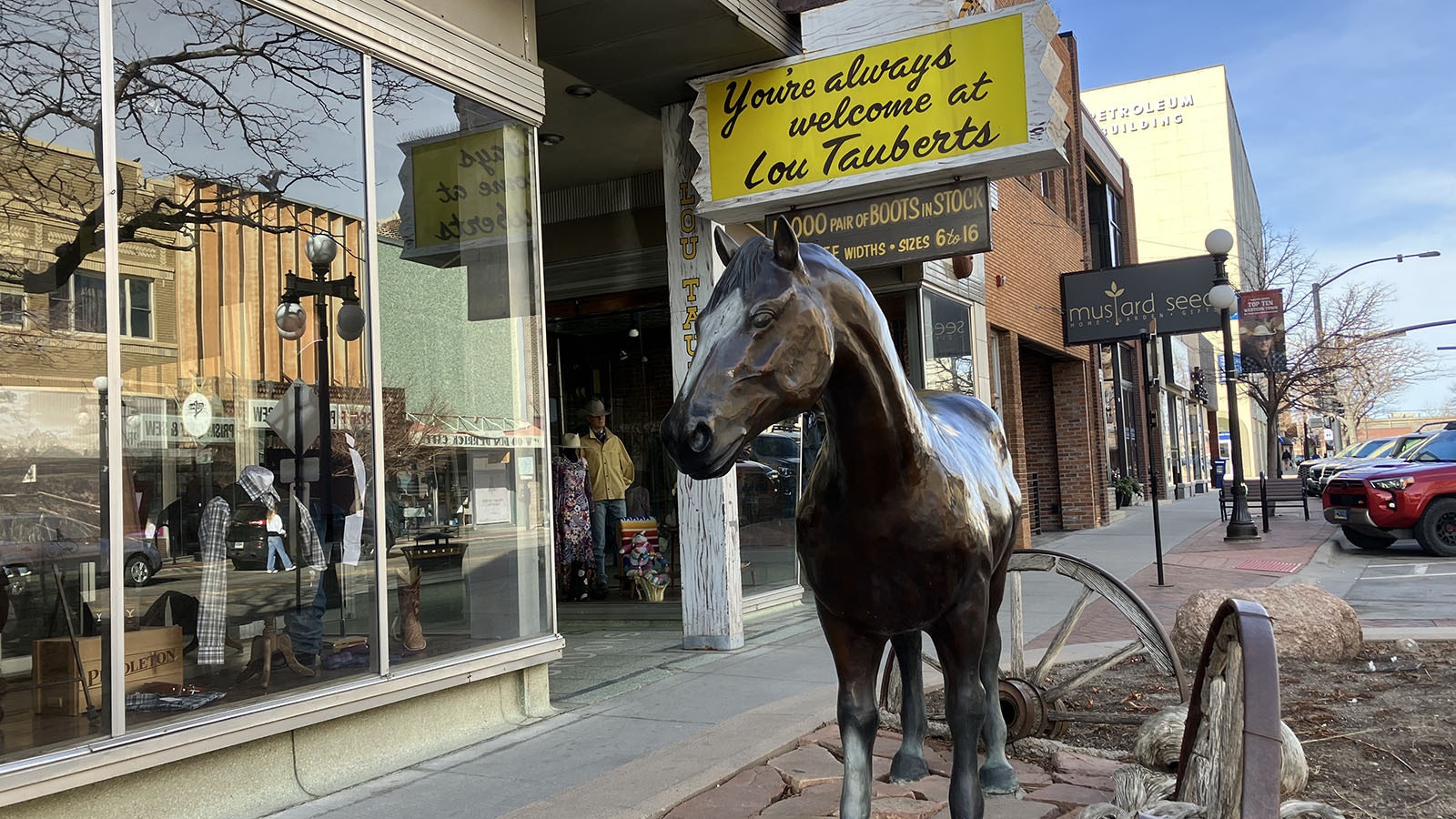 A horse on the sidewalk in downtown Casper, signals the specialty western items that customers will find inside including cowboy hats, jeans, boots, saddles, tack, and much more.