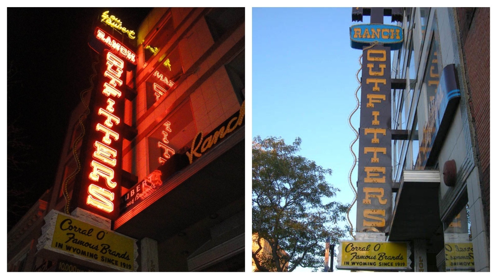 The Lou Taubert sign at night and in daylight.