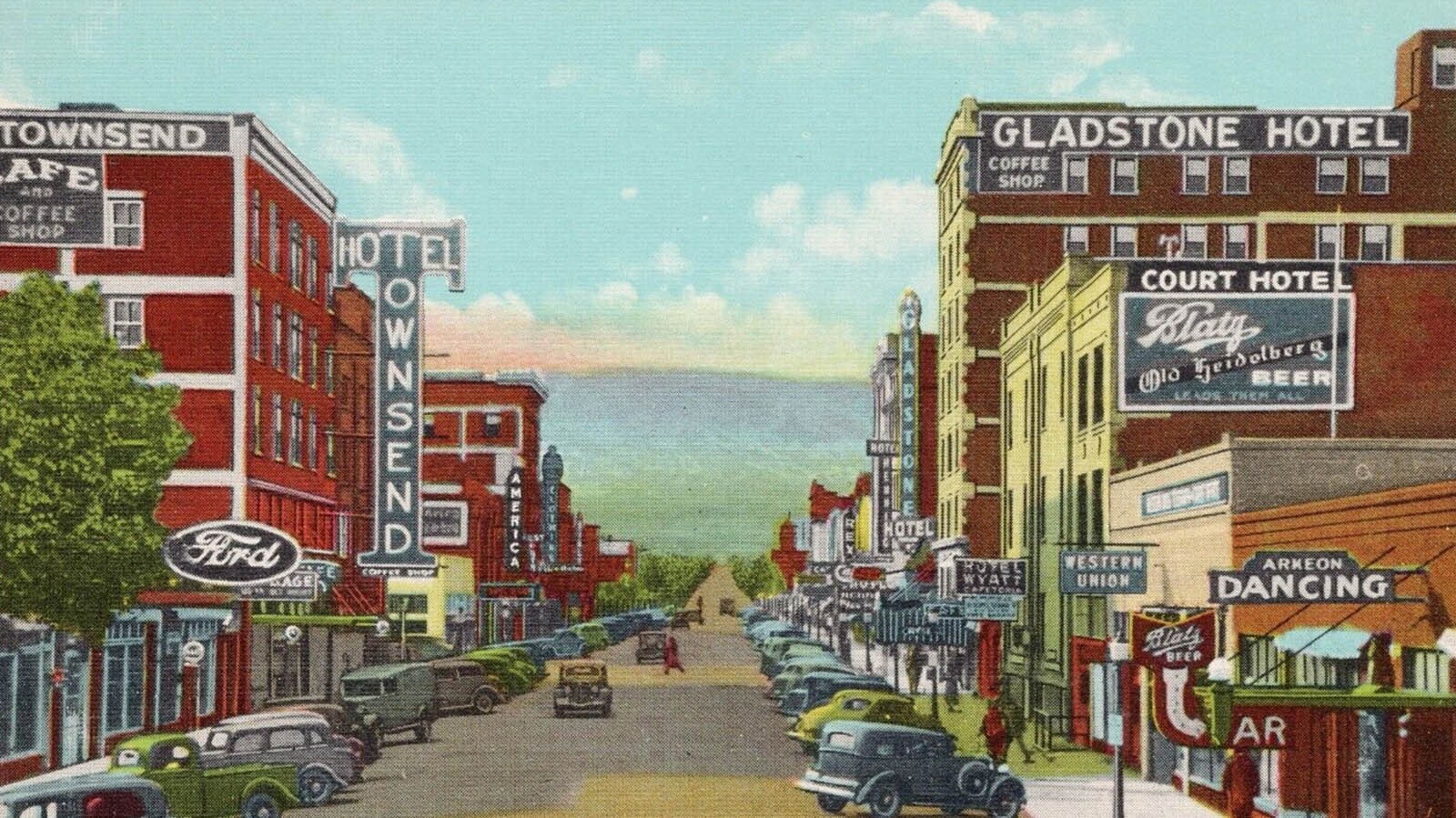 Postcard of Center Street, downtown Casper, Wyoming, when the area was known by locals as “Little Las Vegas.” The neon signs are now all gone.