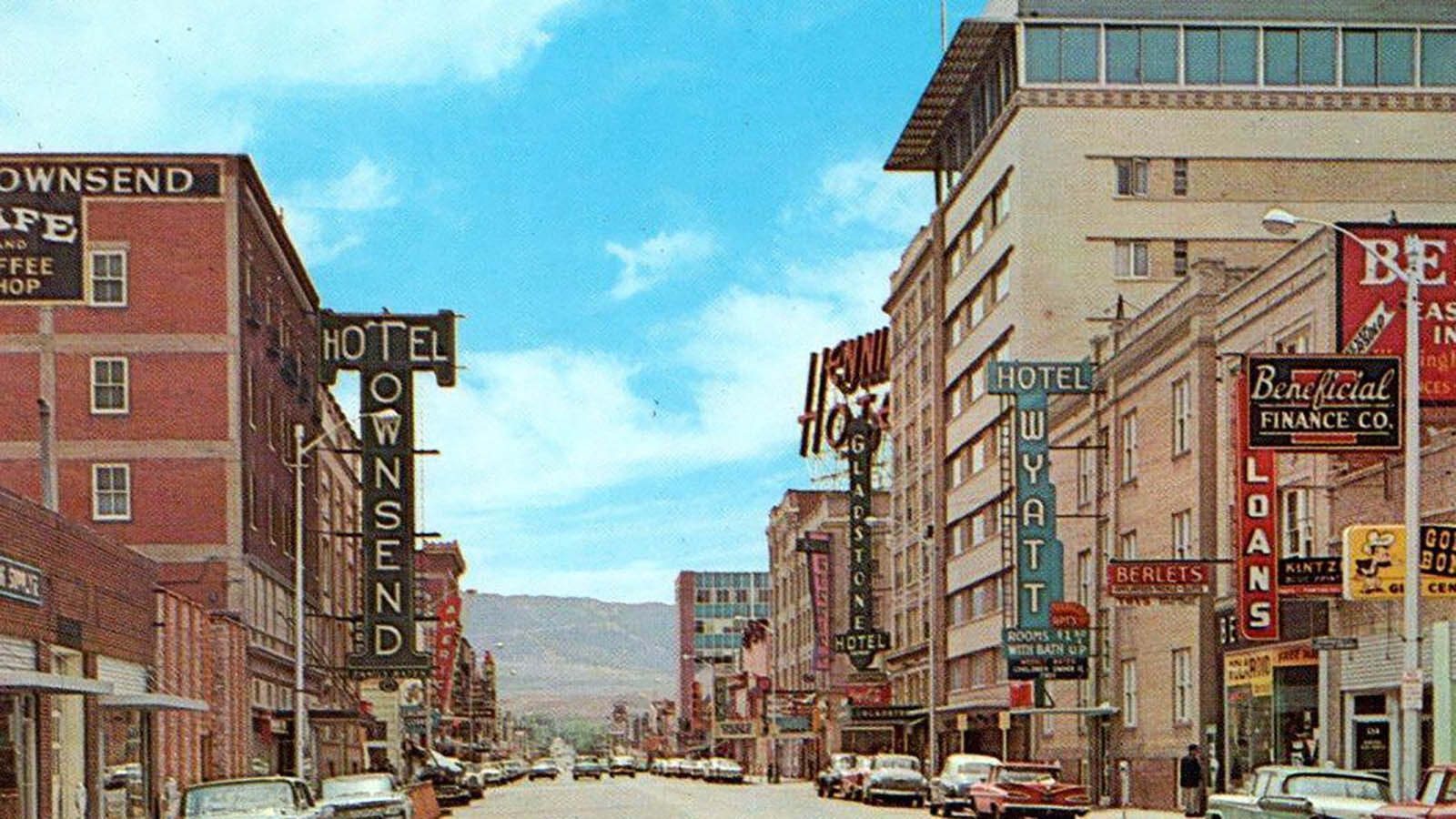 Postcard of Center Street, downtown Casper, Wyoming, when the area was known by locals as “Little Las Vegas.” The neon signs are now all gone.