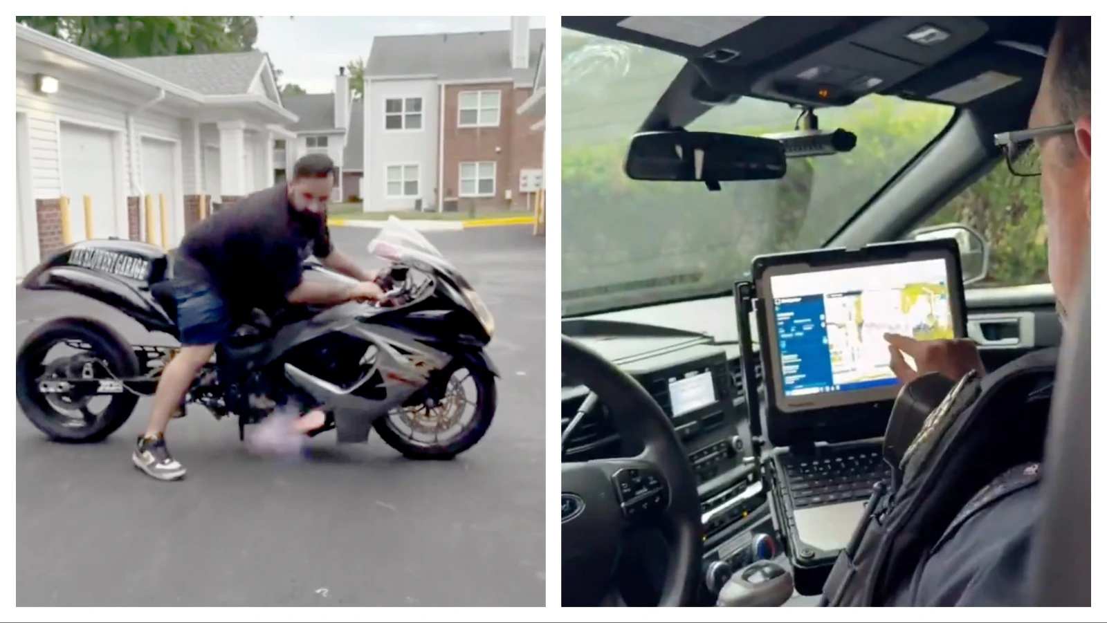 A viral video posted to Magnetic Norse on X.com shows a man revving his motorcycle until it pops, prompting a visit from a police officer who said the noise sensors “triangulated” the sound.