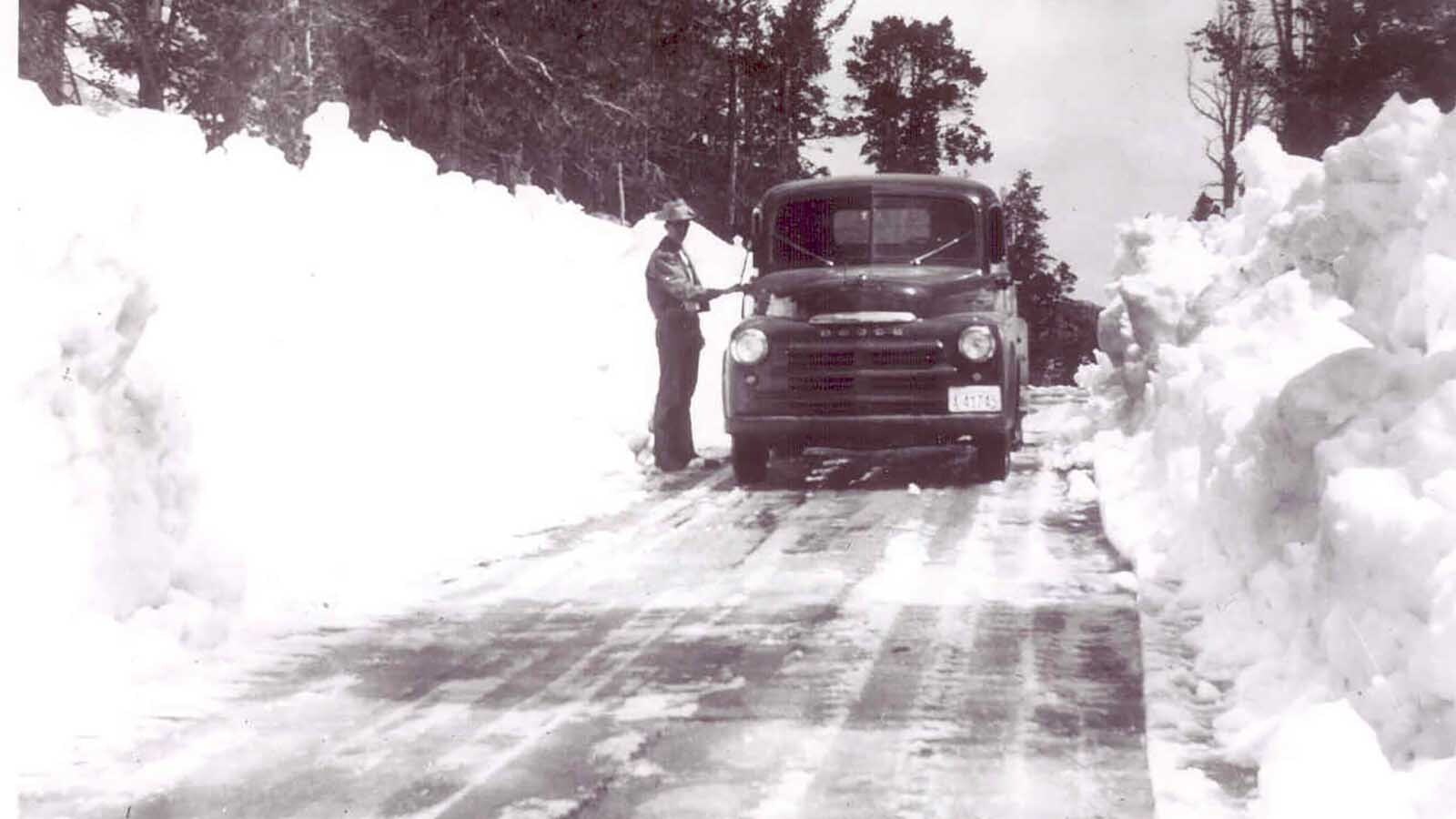 This photo from 1953 shows a U.S. Forest Service truck at Blue Ridge on the Louis Lake Loop Road near Lander.