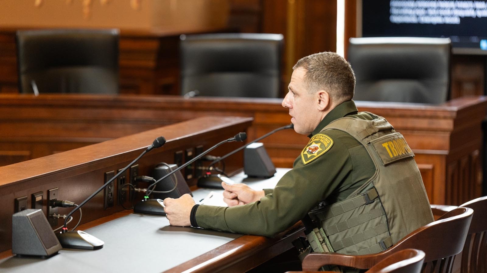 Lt. Col. Karl Germain from the Wyoming Highway Patrol testifies about Senate File 101 at the state Capitol on Friday, Feb. 13, 2026.