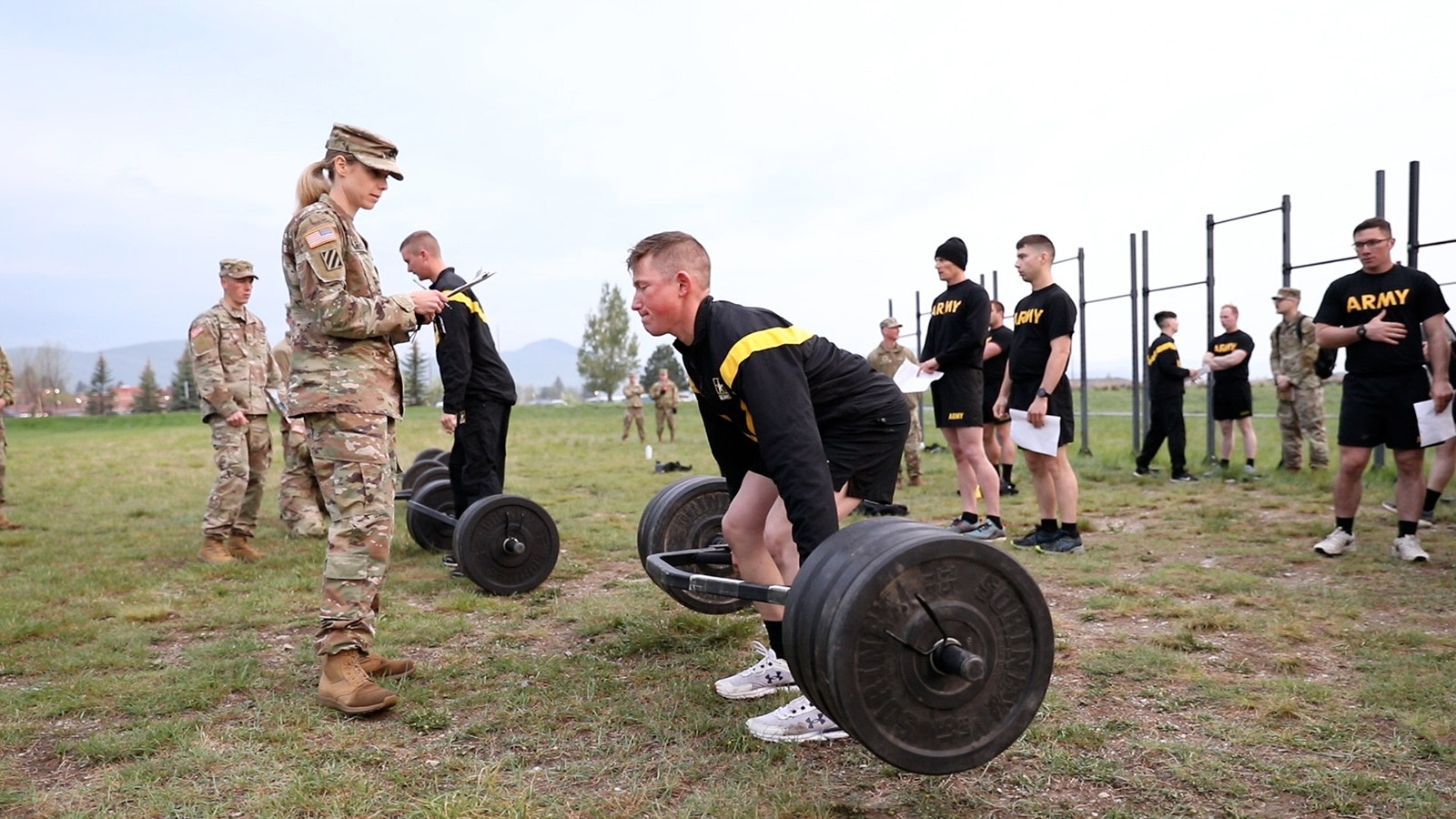 Wyoming National Guard Spc. Luke Harrison performs portions of the Army Combat Fitness Test at Fort Harrison, Montana, May 17, 2023. The weeklong competition consists of 28 graded events that test a soldier's mental and physical capabilities.