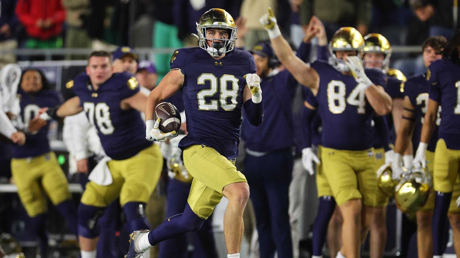 Luke Talich of the Notre Dame Fighting Irish returns an interception for a touchdown against the Florida State Seminoles during the second half at Notre Dame Stadium on Nov. 9, 2024, in South Bend, Indiana.