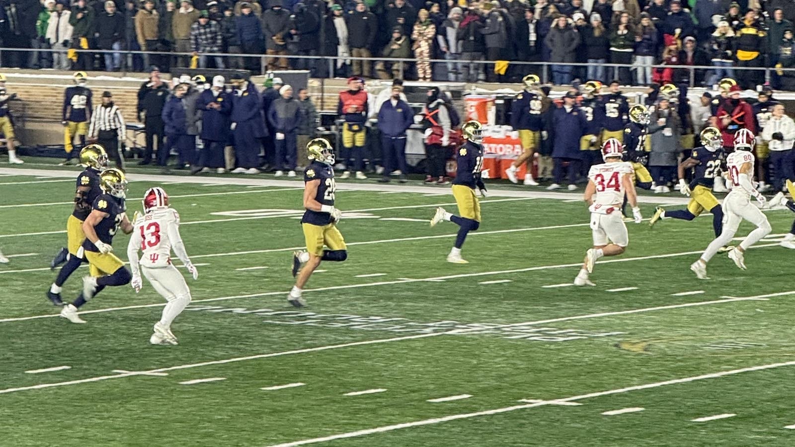 Cody’s Luke Talich (28) takes part in a kickoff during Notre Dame’s 27-17 win over Indiana on Friday night.