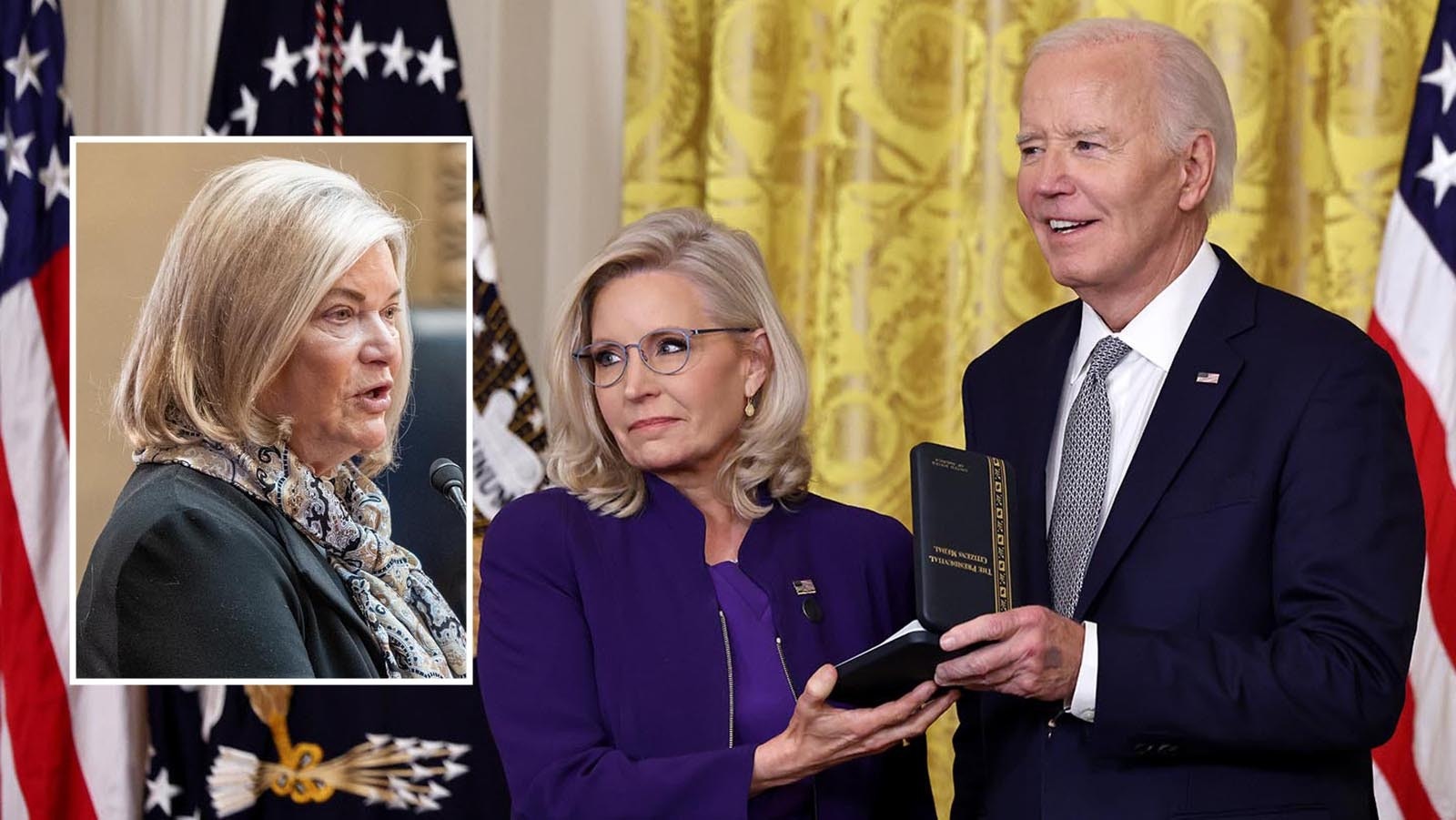 President Joe Biden, right, presents Liz Cheney with the Presidential Citizens Medal on Thursday, Jan. 2, 2025. Wyoming Sen. Cynthia Lummis blasted the award, saying she got it for harboring a "vendetta against Donald Trump."