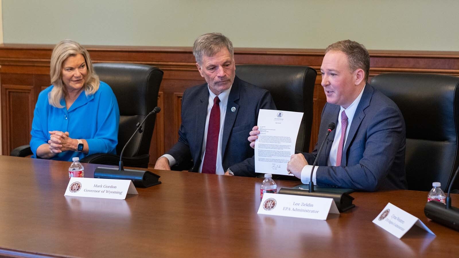 EPA Administrator Lee Zeldin after signing a letter in favor of Wyoming administering its Coal Comustion Residuals Program rather than the federal agency. The ceremony was at the Wyoming Capitol on Aug. 28, 2025, and he was joined by Sen. Cyntha Lummis, left, and Gov. Mark Gordon.