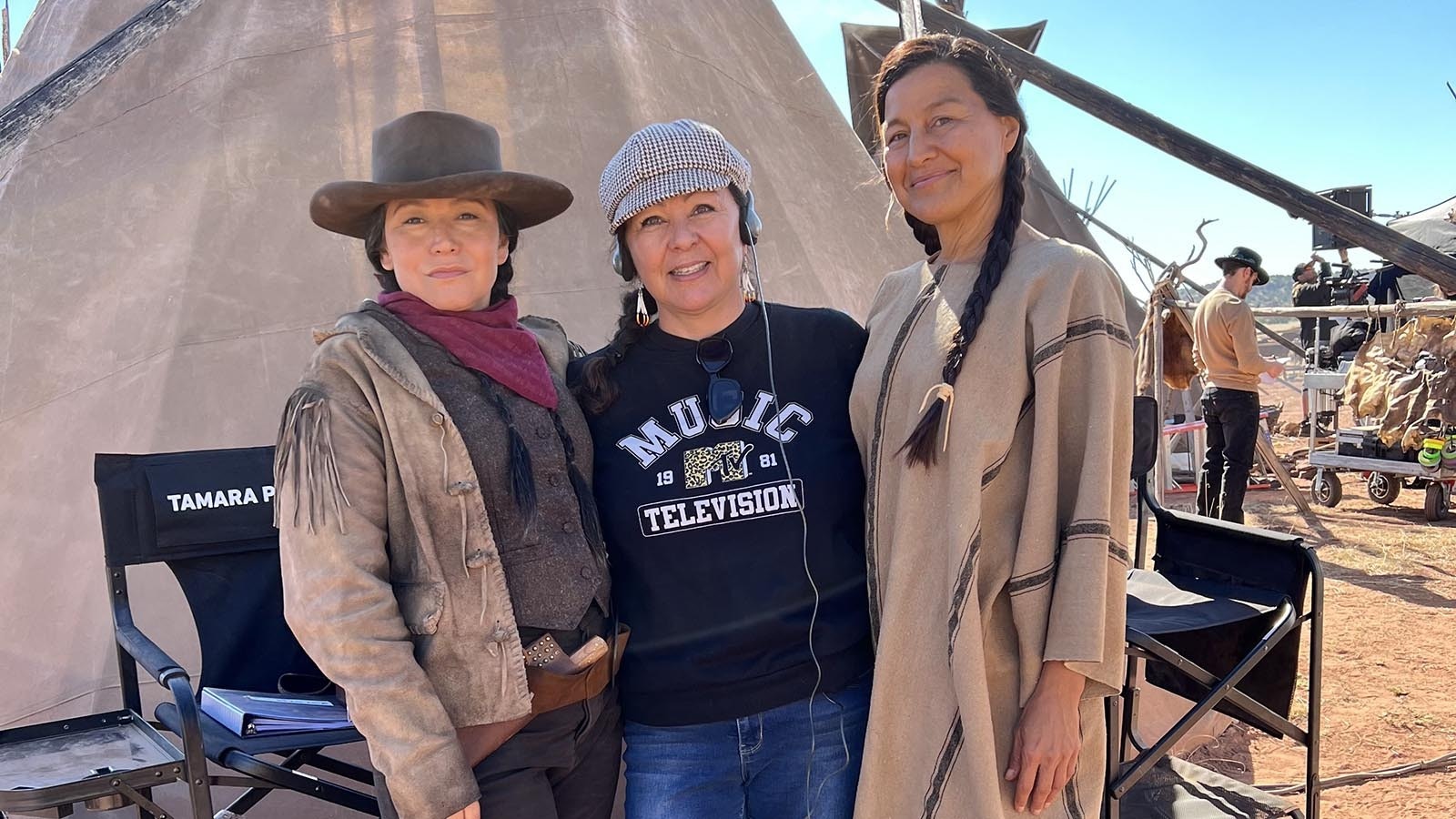 Tamara Podemski, from left, Lynette St. Clair and Kimberly Guerrero on set of "Outer Range."