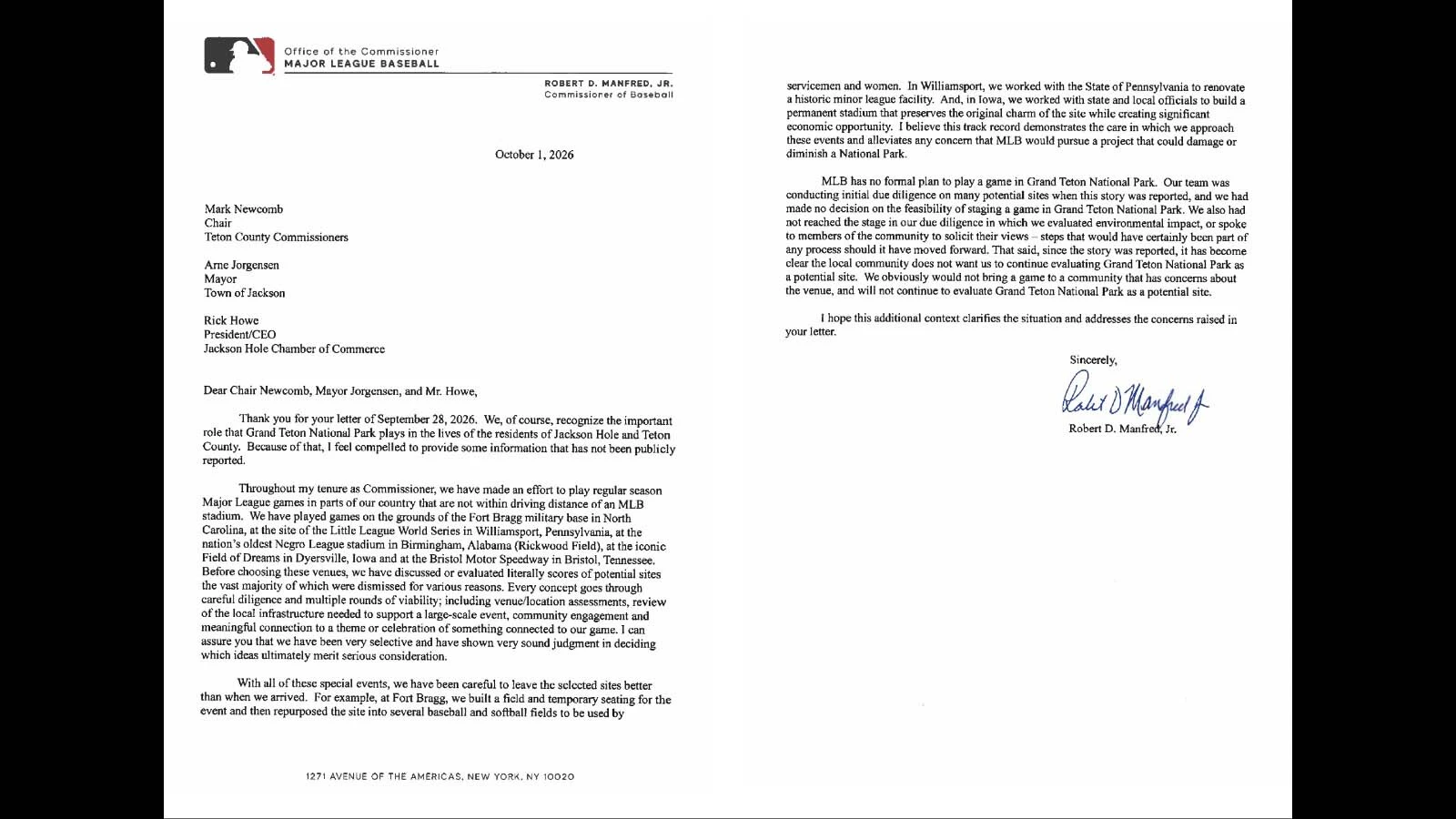 MLB letter on Grand Teton game 10 1 26