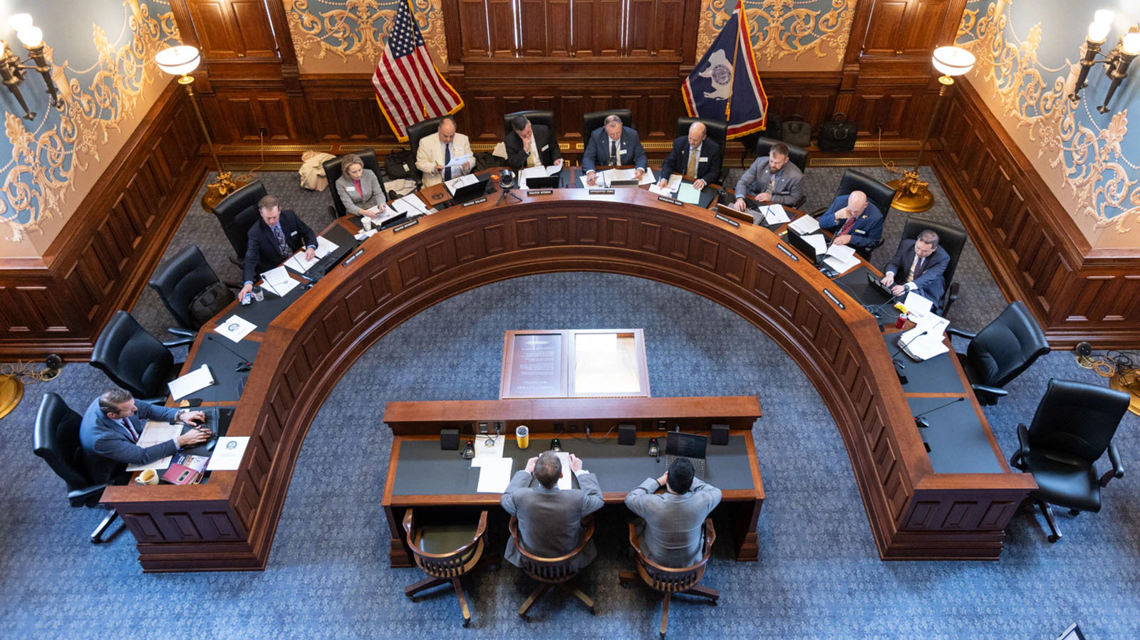 The Wyoming Legislature's Management Council meets on April 1, 2026, in the Historic Supreme Court Chamber at the Wyoming State Capitol in Cheyenne, Wyoming.
