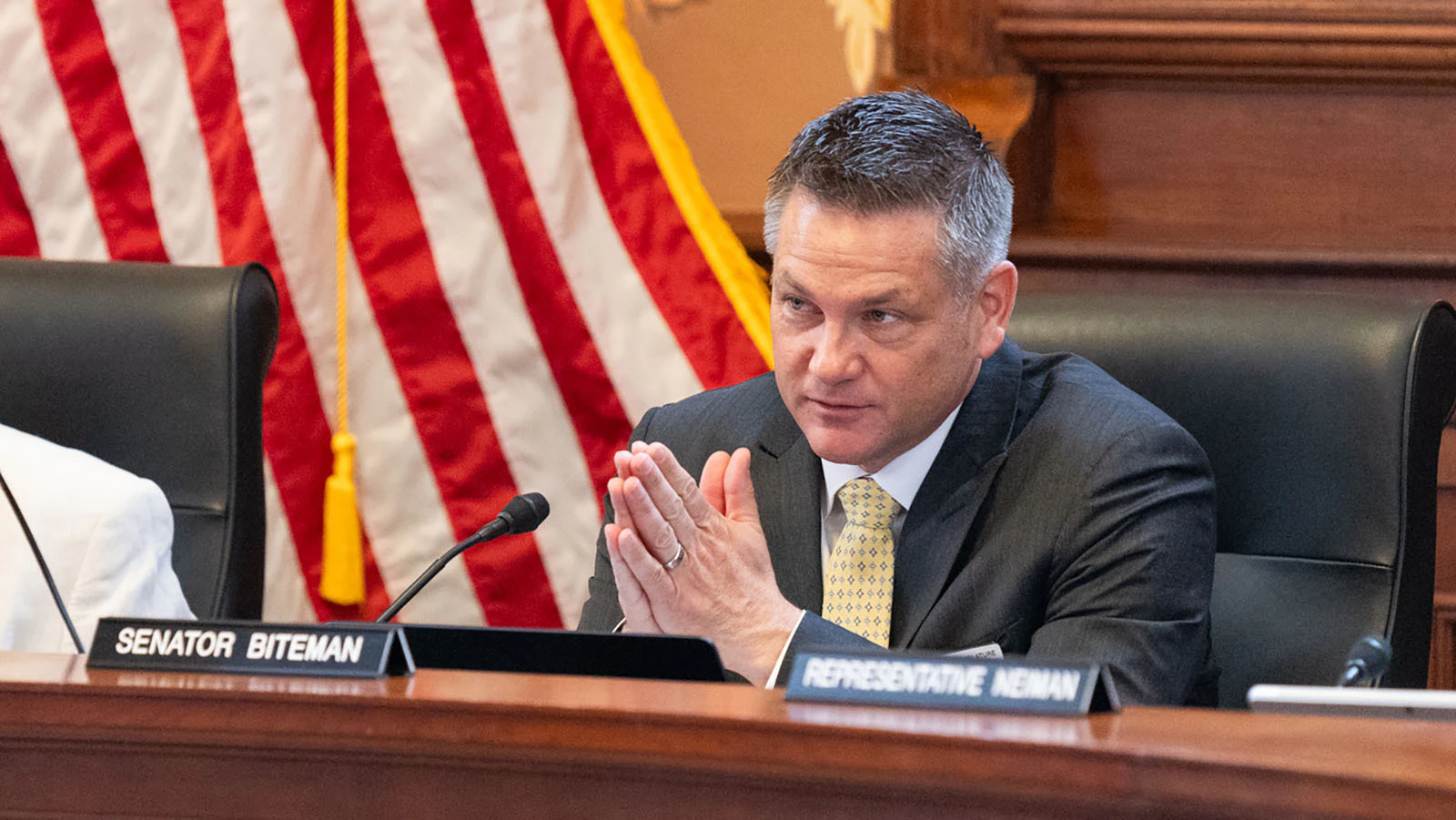 Senate President Bo Biteman during a Management Council meeting on April 1, 2026, in the Historic Supreme Court Chamber at the Wyoming State Capitol in Cheyenne, Wyoming.