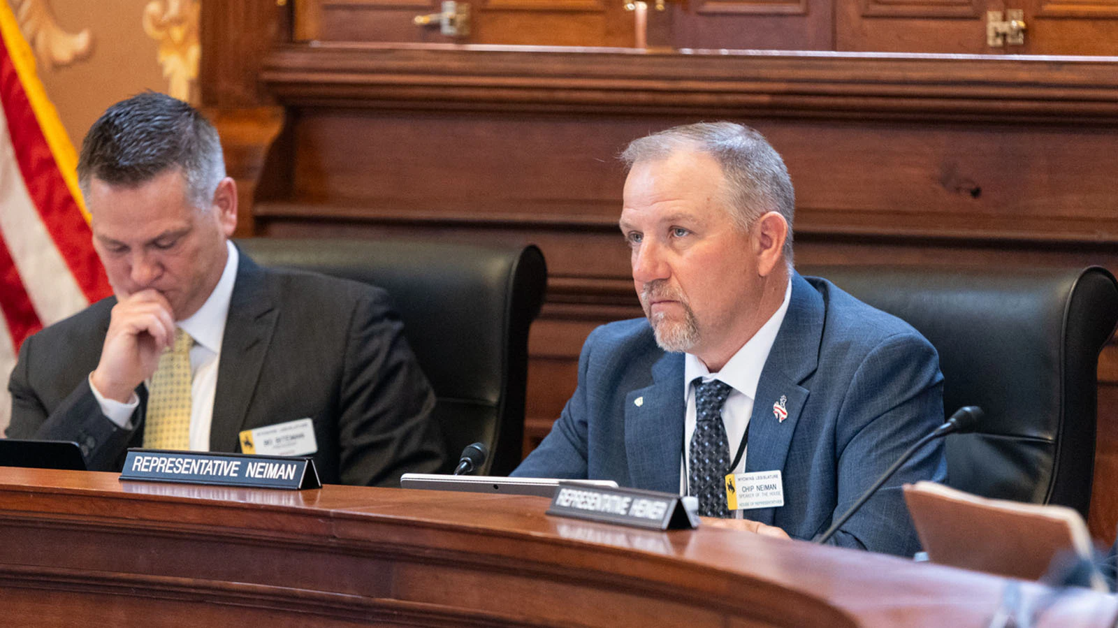 Senate President Bo Biteman, left, and House Speaker Chip Neiman during a Management Council meeting on April 1, 2026, in the Historic Supreme Court Chamber at the Wyoming State Capitol in Cheyenne, Wyoming.