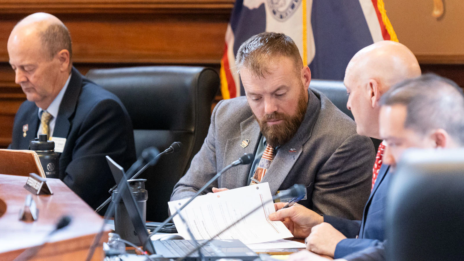 State Rep. Jeromy Haroldson during a Management Council meeting on April 1, 2026, in the Historic Supreme Court Chamber at the Wyoming State Capitol in Cheyenne, Wyoming.