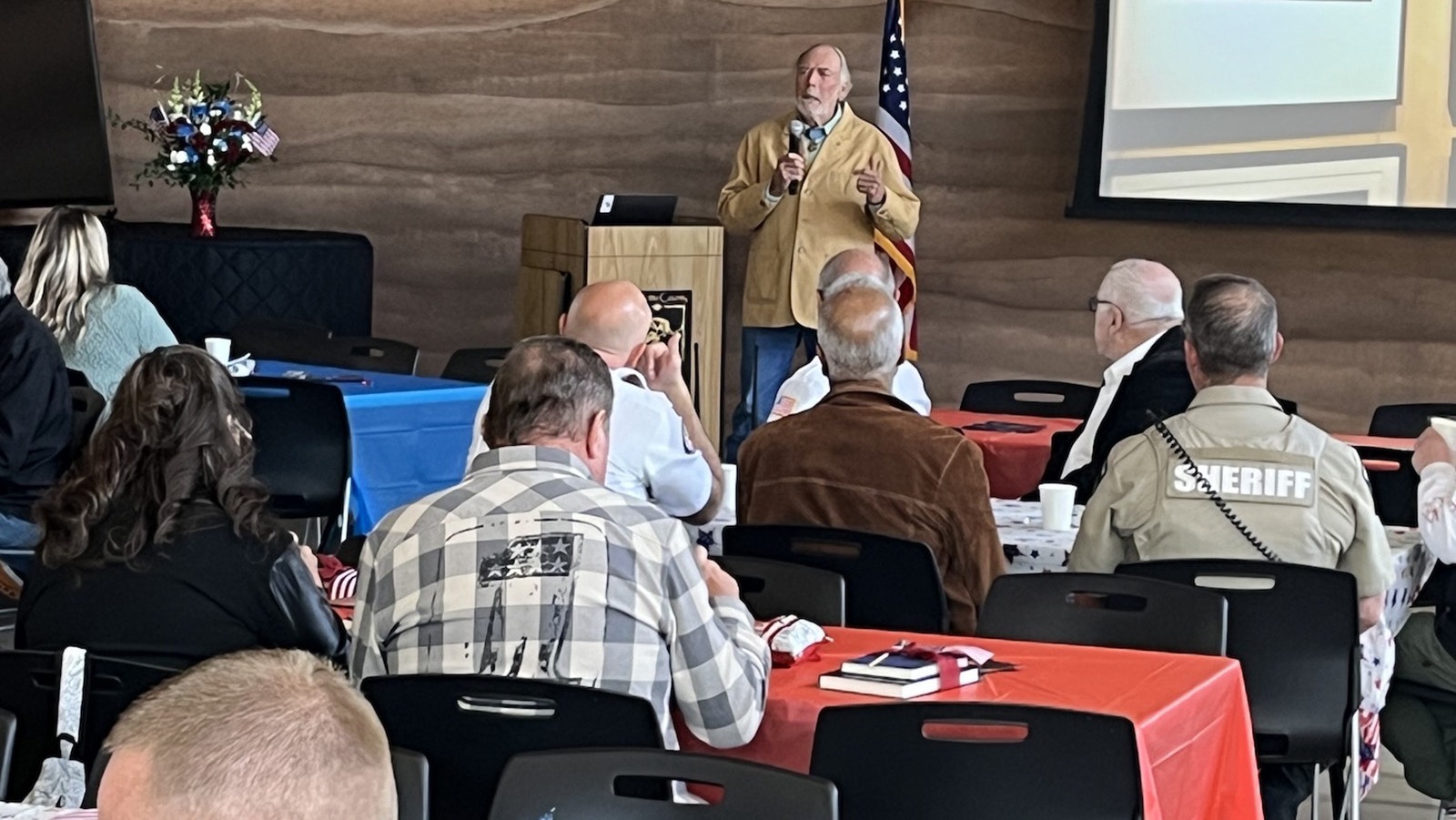 Maj. Drew Dix makes remarks at a special luncheon for veterans and first responders at the Sublette County Library in Pinedale on April 30.