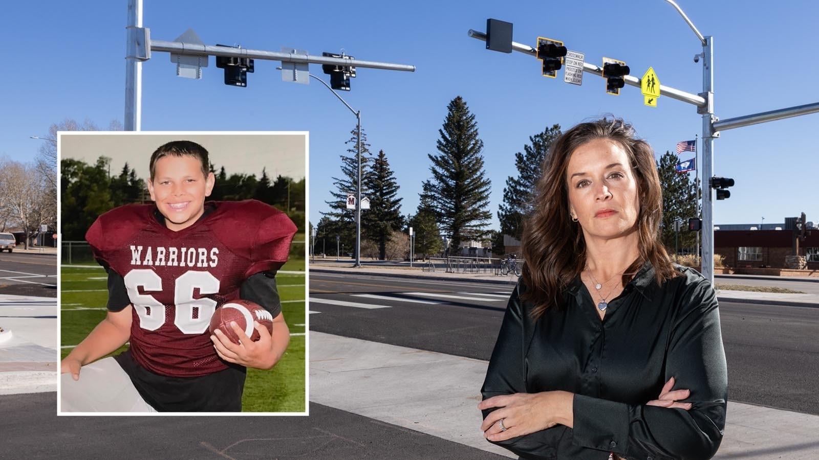 Janelle Jones stands in front of the new HAWK crossing at McCormick Junior High in Cheyenne installed in memory of her son, Mak. Janelle and her charity forMak helped get the new crossing built where her son Makaili “Mak” Evans, was hit by a car and killed in 2021.