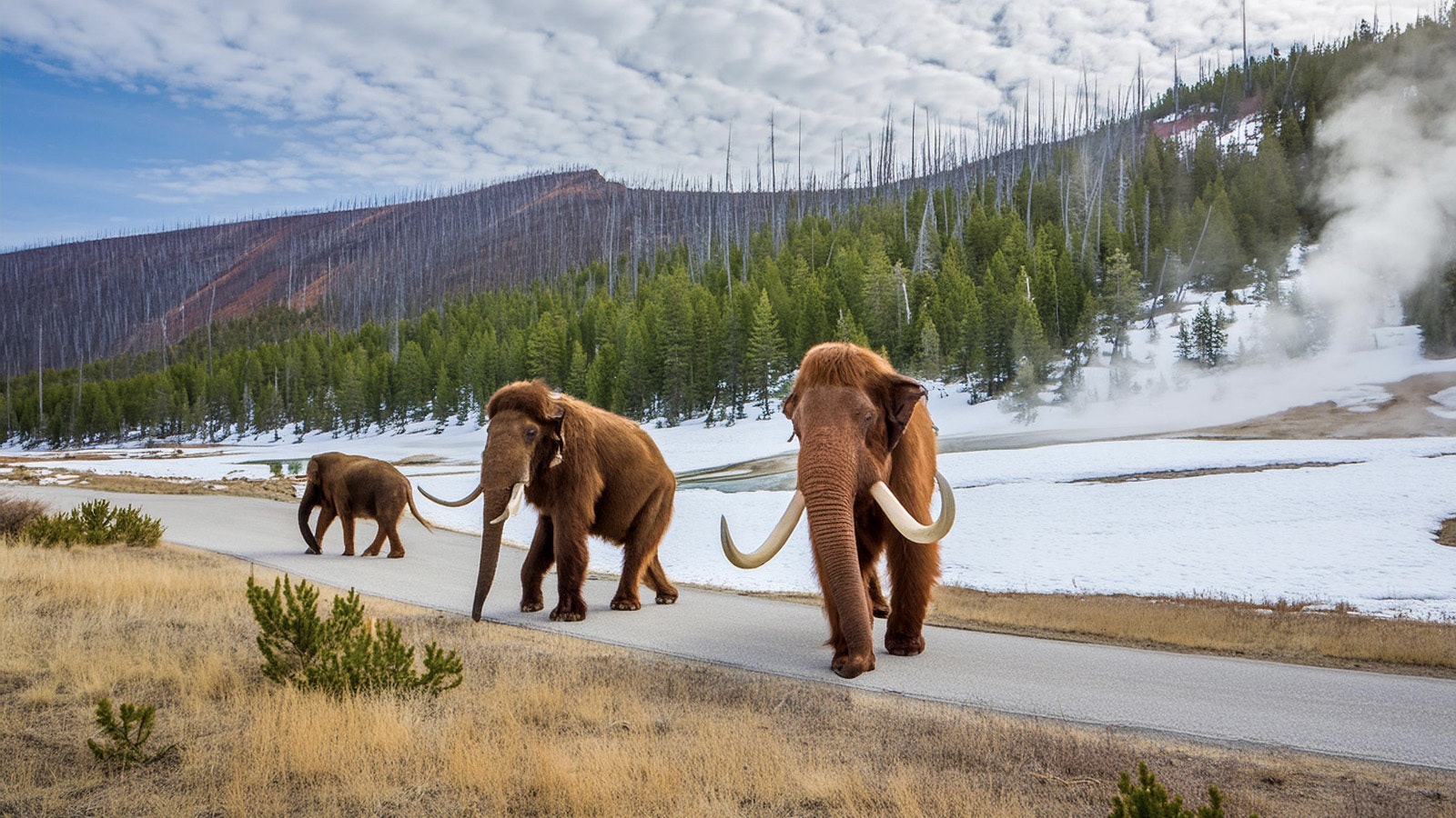 This illustration generated by PhotoShop's artificial intelligence generator shows what it could look like if prehistoric wooly mammoths were introduced into Yellowstone National Park.