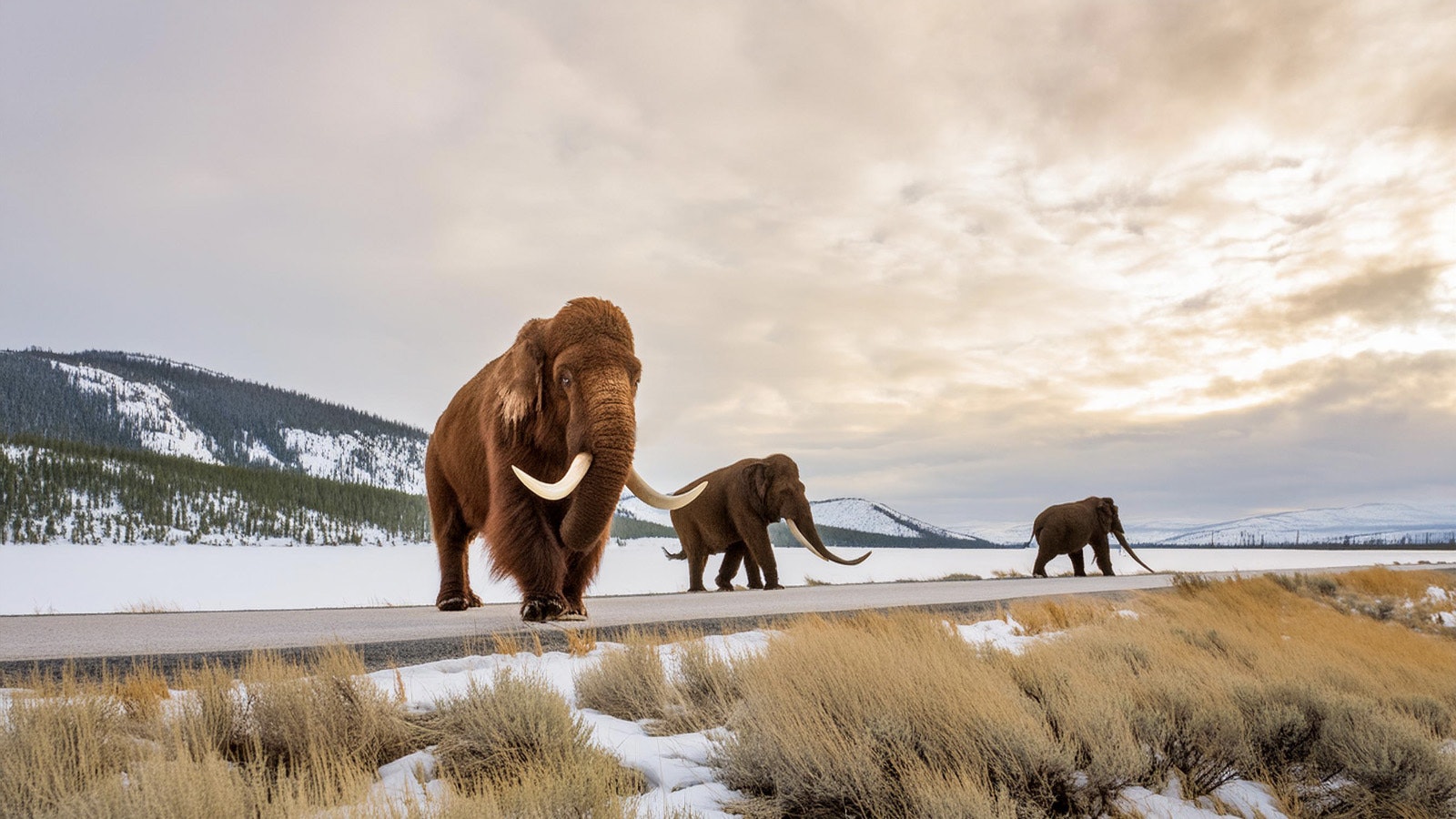 This illustration generated by PhotoShop's artificial intelligence generator shows what it could look like if prehistoric wooly mammoths were introduced into Yellowstone National Park.