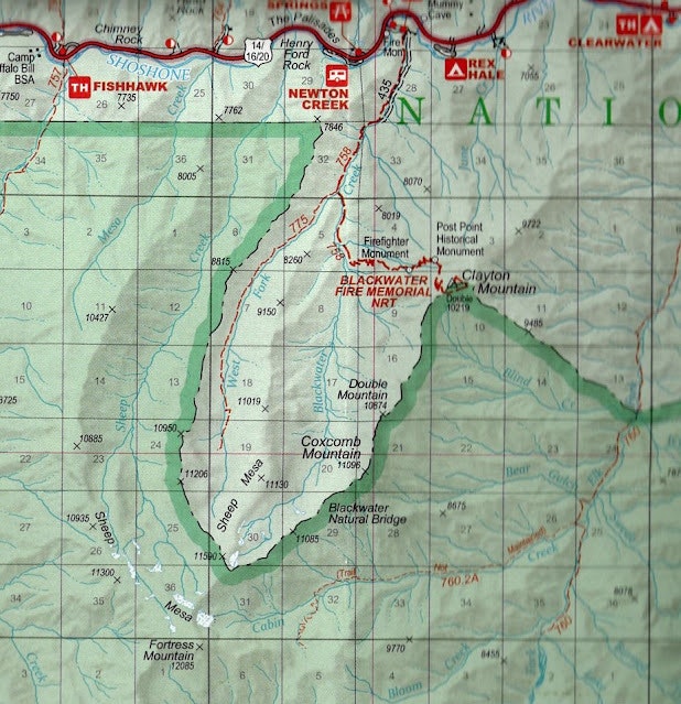 Map showing Blackwater Natural Bridge and Firemen Memorial