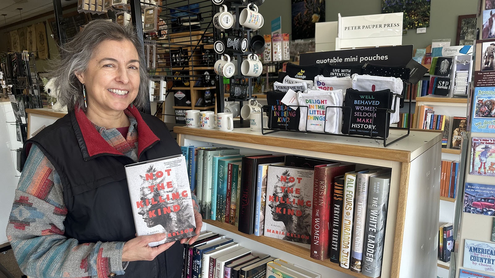 Maria Kelson’s debut novel is a crime thriller available at both local bookstores and through national chains. She loves that after ten years of writing, she can walk into the Storyteller in Thermopolis and see her books on display.