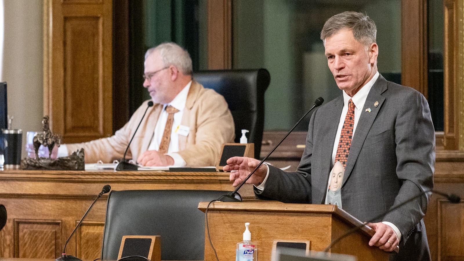 Gov. Mark Gordon, right, addresses the 2024 session of the Wyoming Legislature at the state Capitol in Cheyenne.