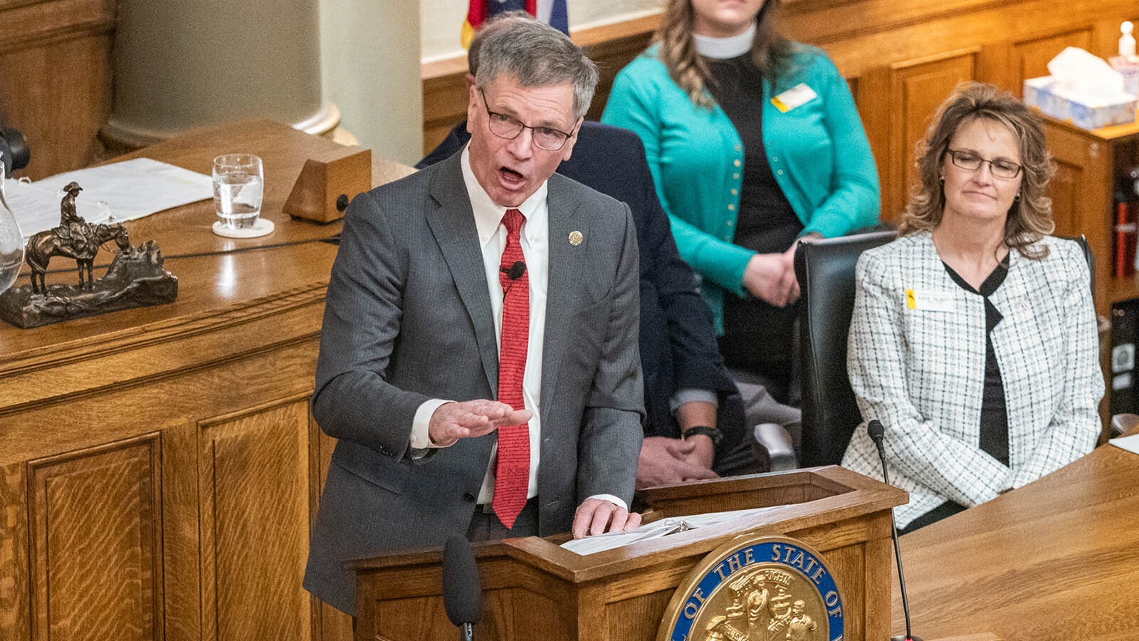 Gov. Mark Gordon addresses the Wyoming Legislature at the start of the 2024 session.