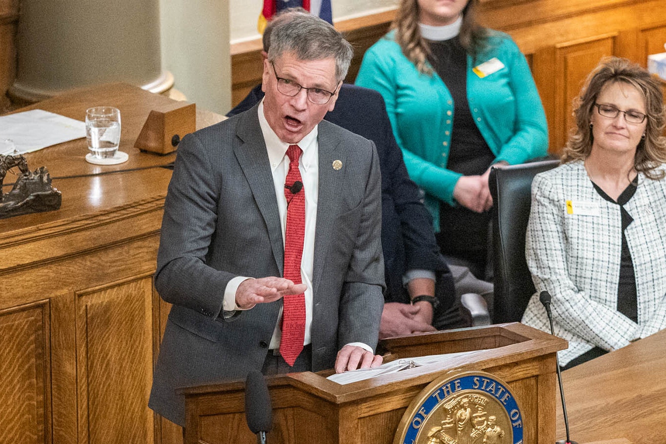 Gov. Mark Gordon addresses the Wyoming Legislature at the start of the 2024 session.