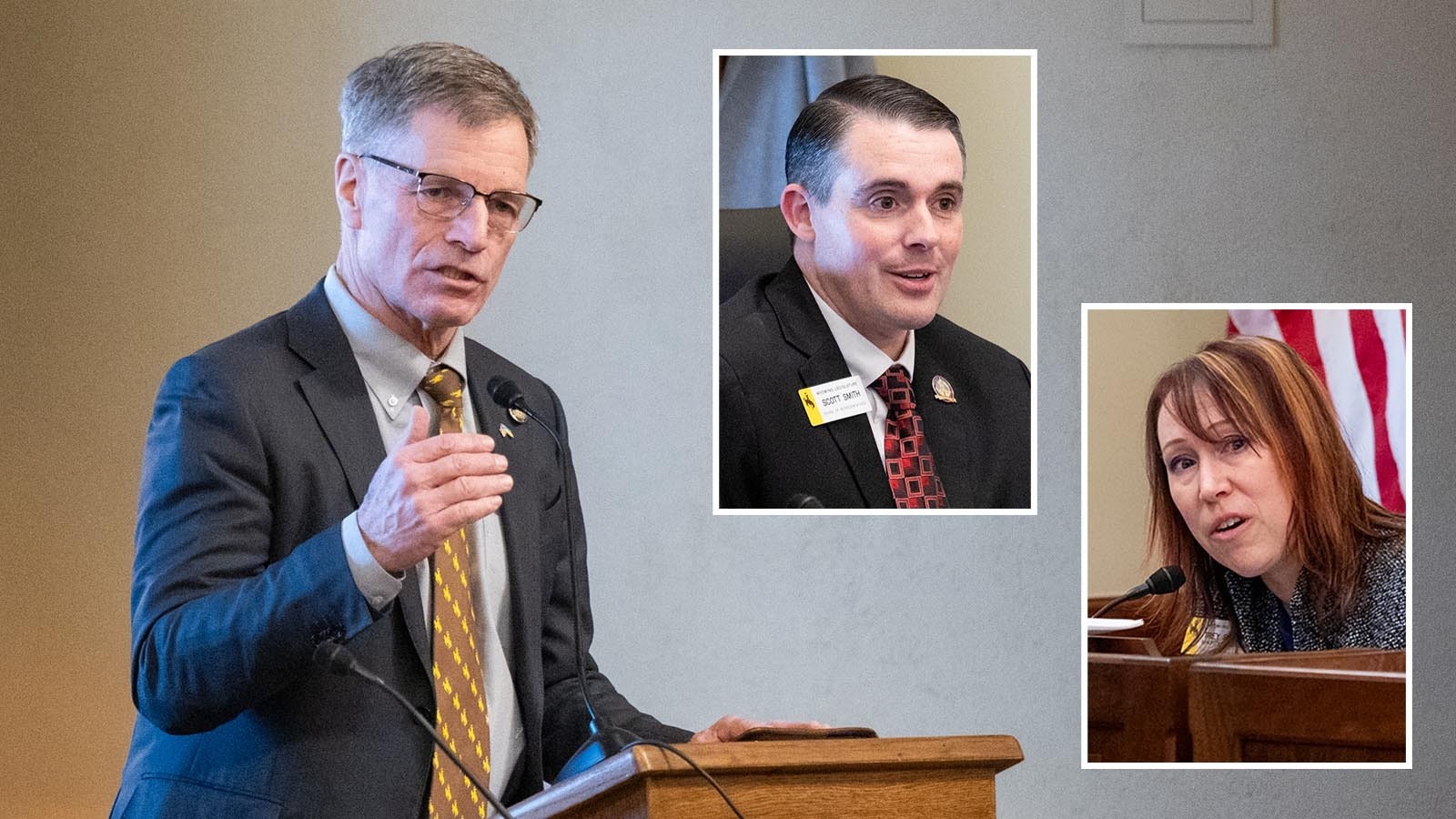 Gov. Mark Gordon wants nearly $112 million for state employee raises. The Joint Appropriations Committee on Monday denied that request on a motion by Republican Rep. Scott Smith, inset left. Democratic Rep. Trey Sherwood, right, argued not compensating workers is shortsighted.