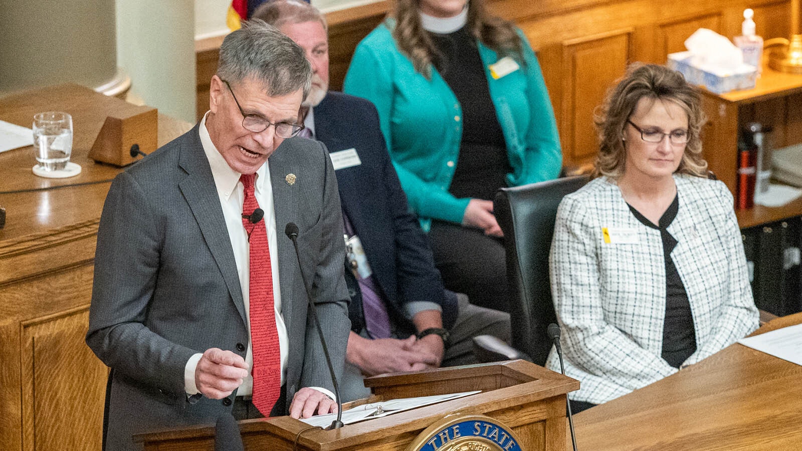 Gov. Mark Gordon, seen in this photo from the 2024 legislative session, says he's "outraged" by the capture, torture and killing of a Wyoming wolf.