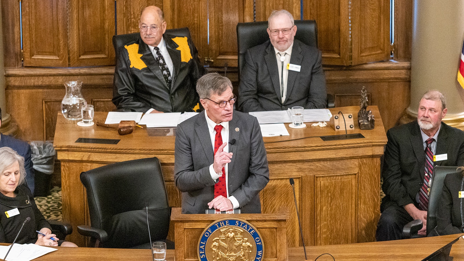 Gov. Mark Gordon addresses the Wyoming Legislature when it convened in January 2023.
