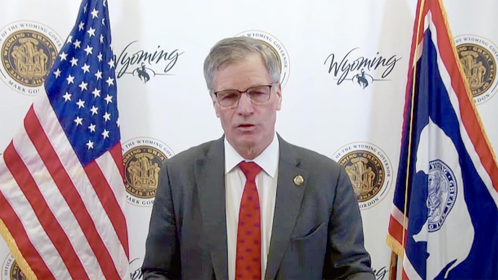 Gov. Mark Gordon talks with reporters duiring a press conference Tuesday, Jan. 7, 2025.