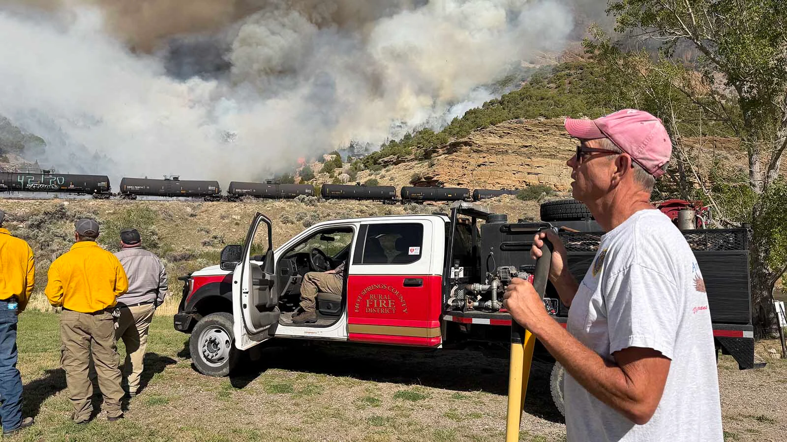 On May 16, a fire was ignited in the Wind River Canyon. It was Mark Potter who heard the train and called emergency services, directing them to the fire that was across the river from his home. He is new to rural life and said that was the most excitement he has had since moving to Hot Springs County from his home in the rush of Denver.